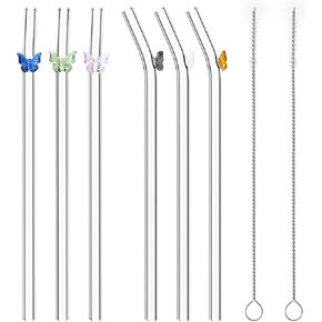 6PCS Reusable Glass Straw Design Glass Straw,Colorful Straws Cocktails Bar Accessories Cleaning Brush Bent Drinking Straws for Hot and Cold Drinks (Heart)