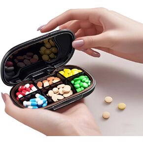 Small Pill case with 6 Large Compartments, Portable Daily Pill Box for Purse, Travel Pill Organizer Pill Container Pill Holder for Vitamins, Fish Oil, Supplements and Medications (Black)