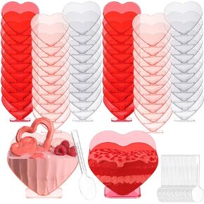 Valentine's Day Mini Dessert Cups with Spoons 2.7 oz Plastic Appetizer Cup Clear Disposable Reusable Heart Shaped Bowl for Valentine Wedding Party Cakes Ice Cream Tasting (Pink, 60 Set)