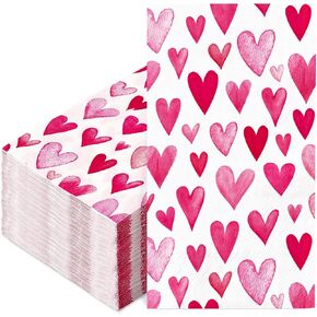 AnyDesign 50 Pack Valentine’s Day Paper Napkins Pink Watercolor Heart Disposable Luncheon Dinner Napkins for Party Supplies Table Decor, 6.5 x 6.5 Inch