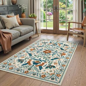 Moynesa Bird Floral 8x10 Area Rugs for Living Room, Black Bedroom Rug Boho Low-Pile Dining Room Washable Rugs 8x10, Vintage Soft Indoor Non-Slip Floor Carpet Nursery Rug Kids Playroom Rug