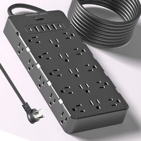 Large Monster Power Strip,Heavy Duty Surge Protector 4000J 20A 2500W Extension Cord with Multiple Outlets Flat Plug 25 Widely AC 6USB Ports (4A+2C) 6.5ft,NANOLAKE Mountable Black