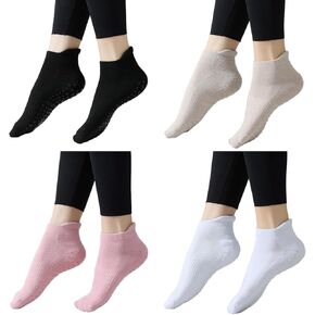 4 Pairs Non-Slip Yoga Socks for Women, Grip Pilates Athletic Socks Ballet, Dance, Workout Gripper Socks