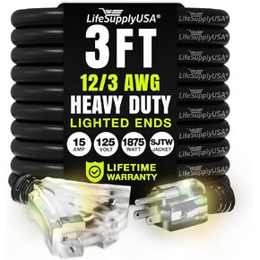 25ft Power Extension Cord Outdoor & Indoor - Waterproof Electric Drop Cord Cable - 3 Prong, 3-Outlet, SJTW, 12 Gauge, 15 AMP, 125 Volts, 1875 Watts, 12/3 by LifeSupplyUSA - Black (1 Pack)