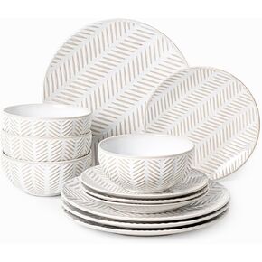 12 Piece Embossed Dinnerware Sets for 4, Elegant Plates and Bowls Sets, Microwave & Dishwasher Safe, Stoneware for Stylish Home Dining–Perfect Housewarming Gift for Busy Families & Hostesses