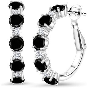 Gem Stone King 925 Sterling Silver Black Onyx and White Moissanite Hoop Earrings For Women (2.50 Cttw, Round 4MM and 1.9MM, 1 Inch Diameter) in Kuwait