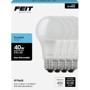 FEIT ELECTRIC A450/850/10KLED/4 4-Pack 40W Equivalent 5.5 Watt Non-Dimmable A19 LED Light Bulbs, 4.4" H x 2.35" D, 5000K Daylight, 4 Piece