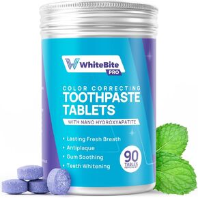 Whitebite Pro Color Correcting Toothpaste Tablets with Nano Hydroxyapatite | Fresh Breath & Natural Whitening | Travel-Friendly Toothpaste & Mouthwash | Fluoride and Plastic-Free (45 Tablets)