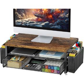 gianotter Monitor Stand Riser, Desk Organizer with Drawer and Pen Holder, 2-Tier Computer Stand, Office Desk Accessories, Office Organization(Wood)