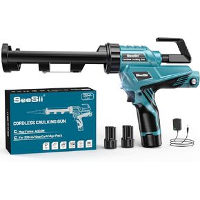Seesii Electric Caulking Gun, 12V Cordless Caulk Gun w/2 x 2.0Ah Battery, Charger, LED Light, 6 Adjustable Speeds, Battery Powered Caulk Gun Kit, 10oz/300ml Caulking Tool for Filling, Sealing