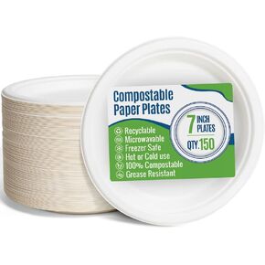 White Paper Plates, 9 Inch, 150 Count - Food Grade Sugar Cane Fiber, Compostable & Biodegradable, Microwavable, Hot & Cold Resistant, Heavy Duty Disposable Plates Bulk