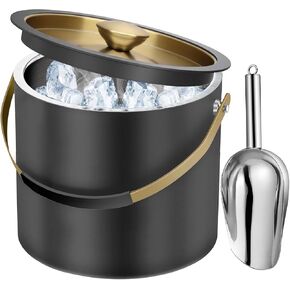 3.2L Stainless Steel Ice Bucket with Lid and Scoop, Double Wall Insulated Ice Bucket for Cocktail Bar and Parties (Black)