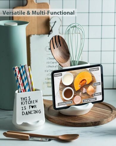 Utensil Holders, 6.7" Ceramic Utensil Crock for Kitchen Counter with Recipe Stand Large Cooking Utensil Organizers White Utensil Caddy Kitchen Decor for Cooking Tool Spatula, White in Saudi Arabia