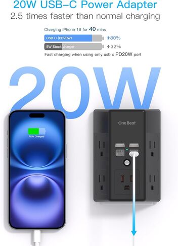 Surge Protector, 5 Outlets Extender with 4 USB Ports(USB C), 3-Side 1800J Power Strip Multi Plug Outlet Expander, Charger, Outlet Splitter Adapter Wall Mount for Home Travel Office ETL Listed in Saudi Arabia