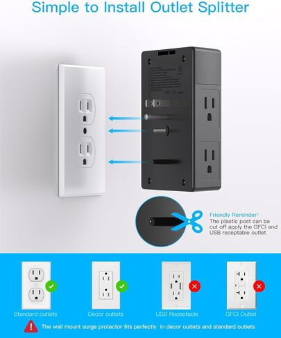 Surge Protector, 5 Outlets Extender with 4 USB Ports(USB C), 3-Side 1800J Power Strip Multi Plug Outlet Expander, Charger, Outlet Splitter Adapter Wall Mount for Home Travel Office ETL Listed in Saudi Arabia