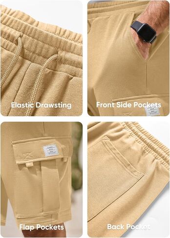 شورت JMIERR رجالي Cargo Sweat - شورت كاجوال برباط خصر مطاطي من القطن الرياضي للتمرين في صالة الألعاب الرياضية مع 5 جيوب in Kuwait