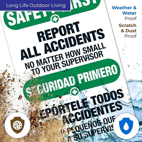 Sigo Signs, Report All Accidents No Matter How Small Bilingual Sign, OSHA Safety First Sign, (SI-4619) 10x7 Inches, 4 Mil Vinyl Decal Stickers Weather Resistant UV Protected, Made in USA in Saudi Arabia