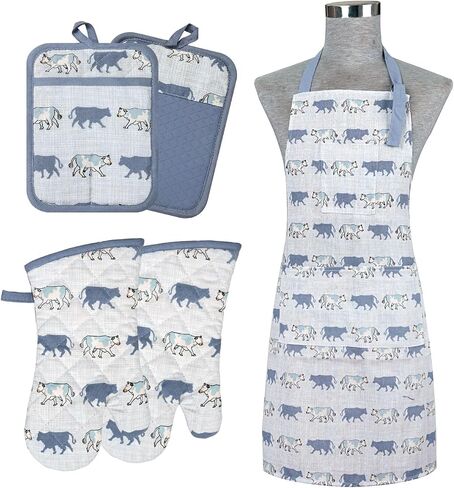 Oven Mitts and Pot Holders with Chef Apron,set of 5 Heat Resistant Kitchen Gloves and Silicone Non-Slip Potholders Adjustable Neck Buckle Chef Apron, Cotton Nice Design for Cooking (Rooster) in Saudi Arabia