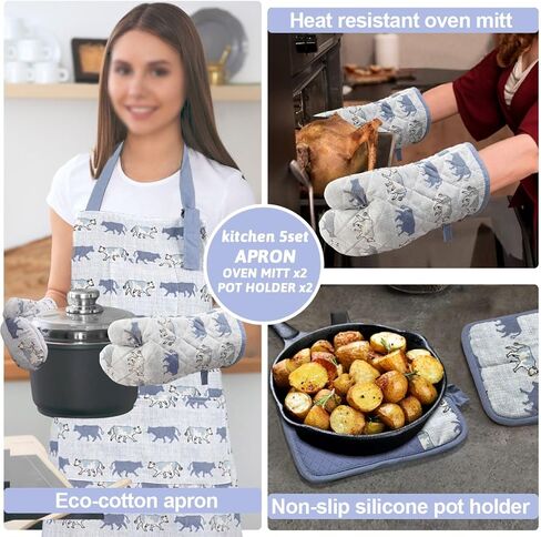 Oven Mitts and Pot Holders with Chef Apron,set of 5 Heat Resistant Kitchen Gloves and Silicone Non-Slip Potholders Adjustable Neck Buckle Chef Apron, Cotton Nice Design for Cooking (Rooster) in Saudi Arabia