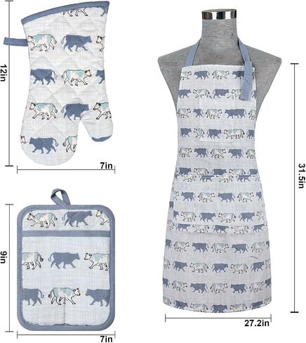 Oven Mitts and Pot Holders with Chef Apron,set of 5 Heat Resistant Kitchen Gloves and Silicone Non-Slip Potholders Adjustable Neck Buckle Chef Apron, Cotton Nice Design for Cooking (Rooster) in Saudi Arabia