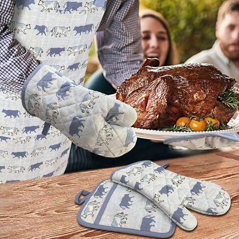 Oven Mitts and Pot Holders with Chef Apron,set of 5 Heat Resistant Kitchen Gloves and Silicone Non-Slip Potholders Adjustable Neck Buckle Chef Apron, Cotton Nice Design for Cooking (Rooster) in Saudi Arabia
