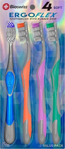 BioSwiss Toothbrush, ErgoFlex Pack of 12 Toothbrushes with Rubber Grips, Oral Care and Plaque Removal, Travel Friendly in Saudi Arabia