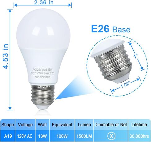 8 Pack LED مصابيح LED 100 واط مكافئة ، فعالة 13W ، المصابيح الإضاءة الدافئة 2700 كيلو ، قاعدة متوسطة E26 ، لمبة LED القياسية A19 ، 120 فولت ، غير قابلة للانصهار in Saudi Arabia