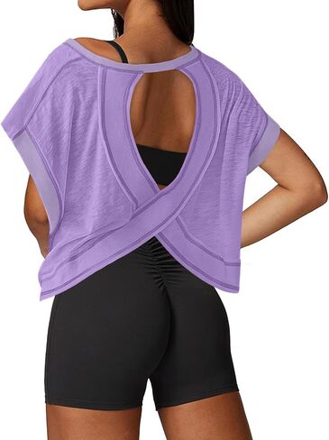 Open Back Workout Tops for Women Athletic Tee Short Sleeve Gym Yoga Shirt in Saudi Arabia