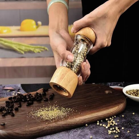 Wooden Clear Pepper Grinder with Base Set, Kitchen Pepper Sea Salt Black Pepper Mill, Home Camping Seasoning Bottle in Saudi Arabia