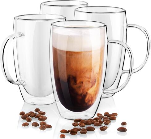Double Wall Glass Coffee Mugs Set of 2, 16 oz Insulated Coffee Mug with Handle, Clear Borosilicate Glass Coffee Cups for Cappuccino, Tea, Lightweight and Microwave Safe in Saudi Arabia