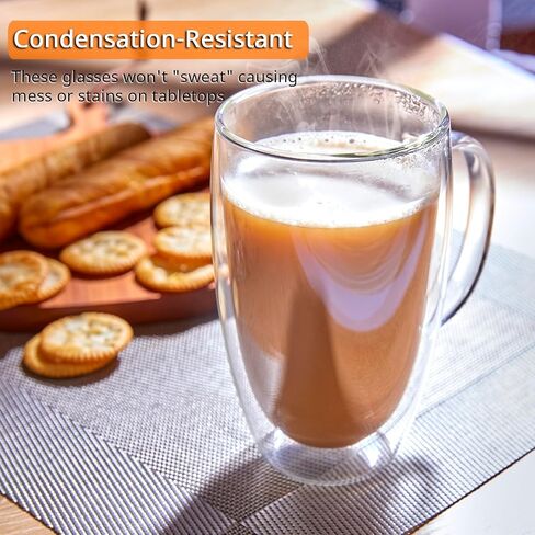 Double Wall Glass Coffee Mugs Set of 2, 16 oz Insulated Coffee Mug with Handle, Clear Borosilicate Glass Coffee Cups for Cappuccino, Tea, Lightweight and Microwave Safe in Saudi Arabia