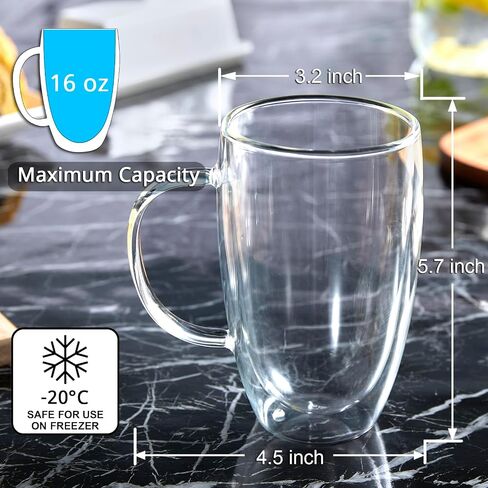 Double Wall Glass Coffee Mugs Set of 2, 16 oz Insulated Coffee Mug with Handle, Clear Borosilicate Glass Coffee Cups for Cappuccino, Tea, Lightweight and Microwave Safe in Saudi Arabia