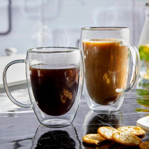Double Wall Glass Coffee Mugs Set of 2, 16 oz Insulated Coffee Mug with Handle, Clear Borosilicate Glass Coffee Cups for Cappuccino, Tea, Lightweight and Microwave Safe in Saudi Arabia