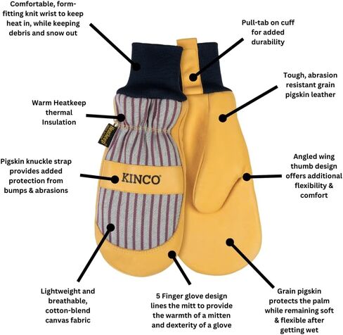 Kinco, 1927KWT-M, Golden Premium Grain Pigskin Palm, Polyester & Elastic Knit Wrist with Leather Pull-Tab, Heatkeep® Thermal Insulation, Mitt Outer Shell Over 5-Finger Glove Inside, Medium in Saudi Arabia
