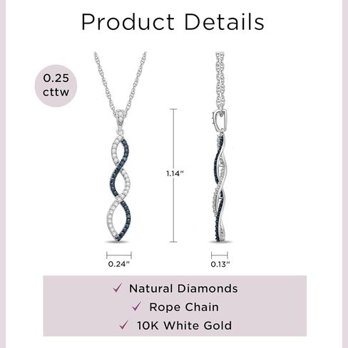 Jewelili 10k White Gold Twist Pendant Necklace with Round Black and White Diamonds, 1/4 cttw, 18" Rope Chain in Kuwait