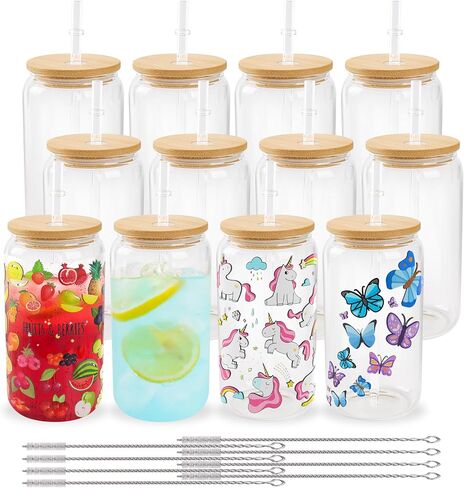 Joyclub 8 Pack Sublimation Glass Cups Blanks with Bamboo Lid 16 Oz علب البيرة المصنوعة من الزجاج المصنوعة من جرة Mason لمشروبات الصودا لعصير القهوة المثلجة in Kuwait