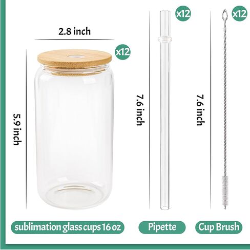 Joyclub 8 Pack Sublimation Glass Cups Blanks with Bamboo Lid 16 Oz علب البيرة المصنوعة من الزجاج المصنوعة من جرة Mason لمشروبات الصودا لعصير القهوة المثلجة in Kuwait