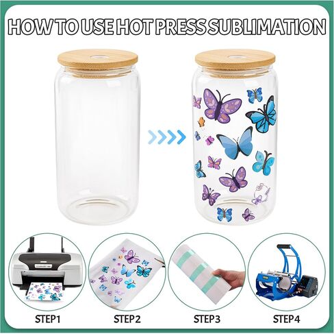 Joyclub 8 Pack Sublimation Glass Cups Blanks with Bamboo Lid 16 Oz علب البيرة المصنوعة من الزجاج المصنوعة من جرة Mason لمشروبات الصودا لعصير القهوة المثلجة in Kuwait