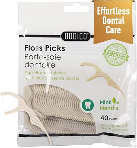 Bodico Mint Biodegradable Eco-Friendly Floss Picks, 40pcs, Beige in Saudi Arabia