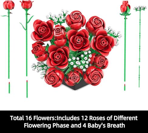 مجموعة زهور روز باقة بناء مجموعة الديكور مجموعة متوافقة مع زهور ليغو ، والزهور الاصطناعية للديكور المنزل ، الورود النباتية المرأة الهدايا رجال الأفكار لأفكار تخزين عيد الميلاد (120 ٪) in Kuwait