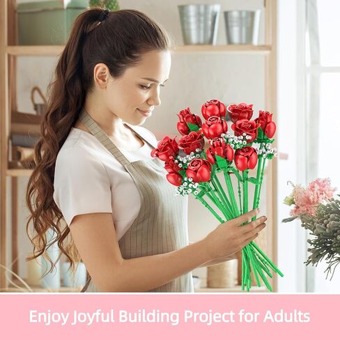 مجموعة زهور روز باقة بناء مجموعة الديكور مجموعة متوافقة مع زهور ليغو ، والزهور الاصطناعية للديكور المنزل ، الورود النباتية المرأة الهدايا رجال الأفكار لأفكار تخزين عيد الميلاد (120 ٪) in Kuwait