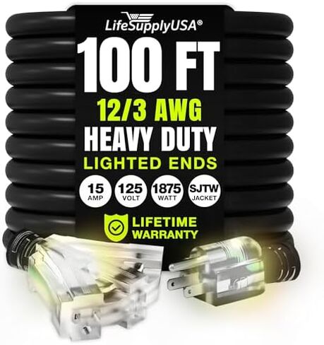 25ft Power Extension Cord Outdoor & Indoor - Waterproof Electric Drop Cord Cable - 3 Prong, 3-Outlet, SJTW, 12 Gauge, 15 AMP, 125 Volts, 1875 Watts, 12/3 by LifeSupplyUSA - Black (1 Pack) in Saudi Arabia