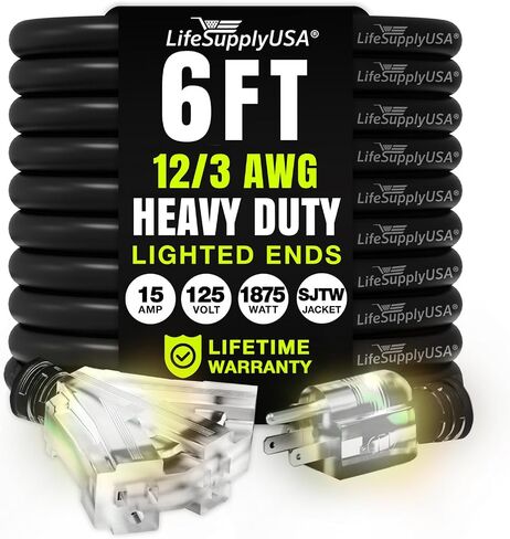 25ft Power Extension Cord Outdoor & Indoor - Waterproof Electric Drop Cord Cable - 3 Prong, 3-Outlet, SJTW, 12 Gauge, 15 AMP, 125 Volts, 1875 Watts, 12/3 by LifeSupplyUSA - Black (1 Pack) in Saudi Arabia
