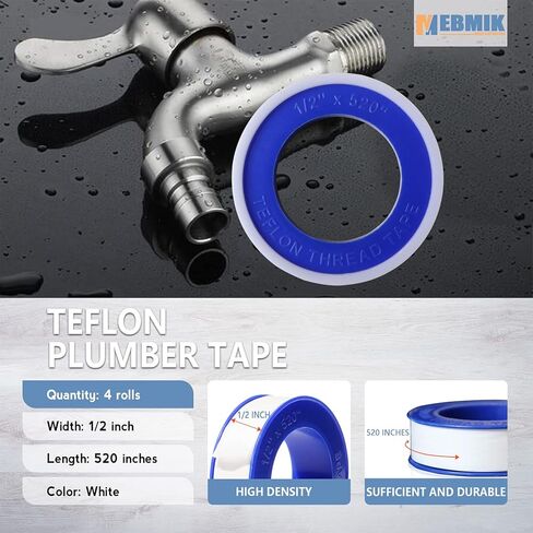 8 Rolls Teflon Tape,Plumbers Tape(1/2 Inch X 520 Inches),PTFE Tape for Sealing Tape,Plumbing Tape,Sealant Tape,Thread Seal Tape for Shower Head,Water Pipe,Prevent Leakage,Thicker in Kuwait