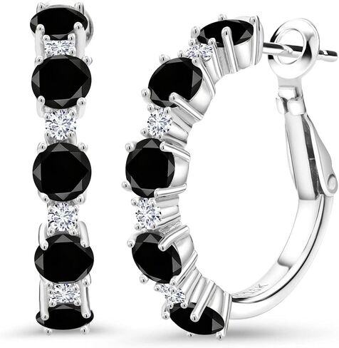Gem Stone King 925 Sterling Silver Black Onyx and White Moissanite Hoop Earrings For Women (2.50 Cttw, Round 4MM and 1.9MM, 1 Inch Diameter) in Kuwait