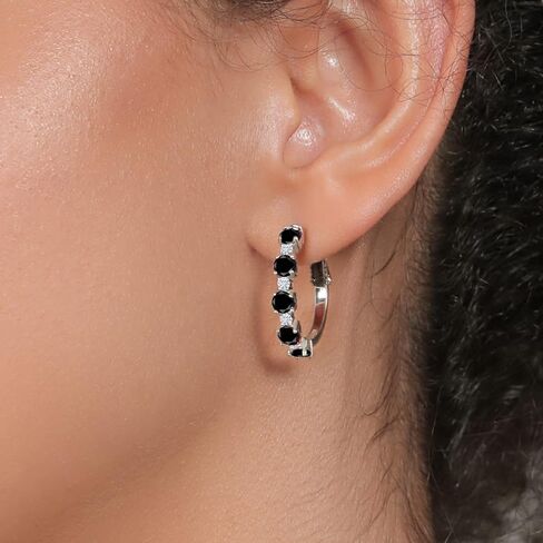 Gem Stone King 925 Sterling Silver Black Onyx and White Moissanite Hoop Earrings For Women (2.50 Cttw, Round 4MM and 1.9MM, 1 Inch Diameter) in Kuwait