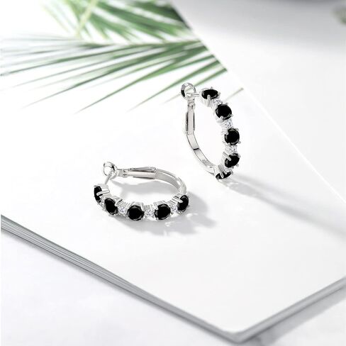 Gem Stone King 925 Sterling Silver Black Onyx and White Moissanite Hoop Earrings For Women (2.50 Cttw, Round 4MM and 1.9MM, 1 Inch Diameter) in Kuwait