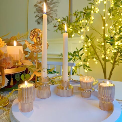 Double Sided Vintage Ribbed Taper Glass Candle Holders,Tea Candle Holder for Table Centerpieces, Wedding Decorations and Dinner Parties (Pink, 6 PCS) in Kuwait