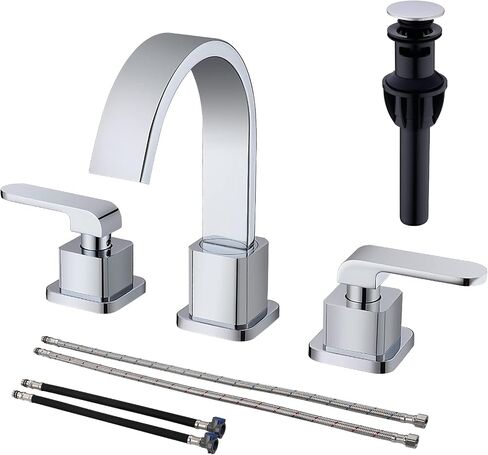 8-Inch Widespread Bathroom Faucet 3 Hole Brass Square Shaped Waterfall Modern Vanity Sink Faucet Swivel Spout 2 Handle with cUPC Water Supply Lines and Overflow Pop Up Drain Included,Matte Black in Saudi Arabia