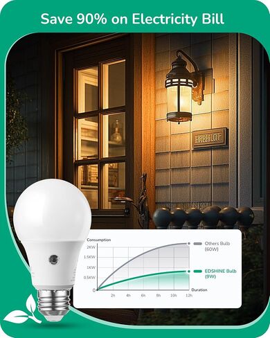 EDISHINE Dusk to Dawn Light Bulbs, 5000K Daylight Glow, Outdoor LED Light Bulb, Dual External Sensor Light, Automatic On/Off, 800LM Bright Light Bulb, 9W(60W Equivalent), E26 Base, 4 Pack, UL Listed in Saudi Arabia